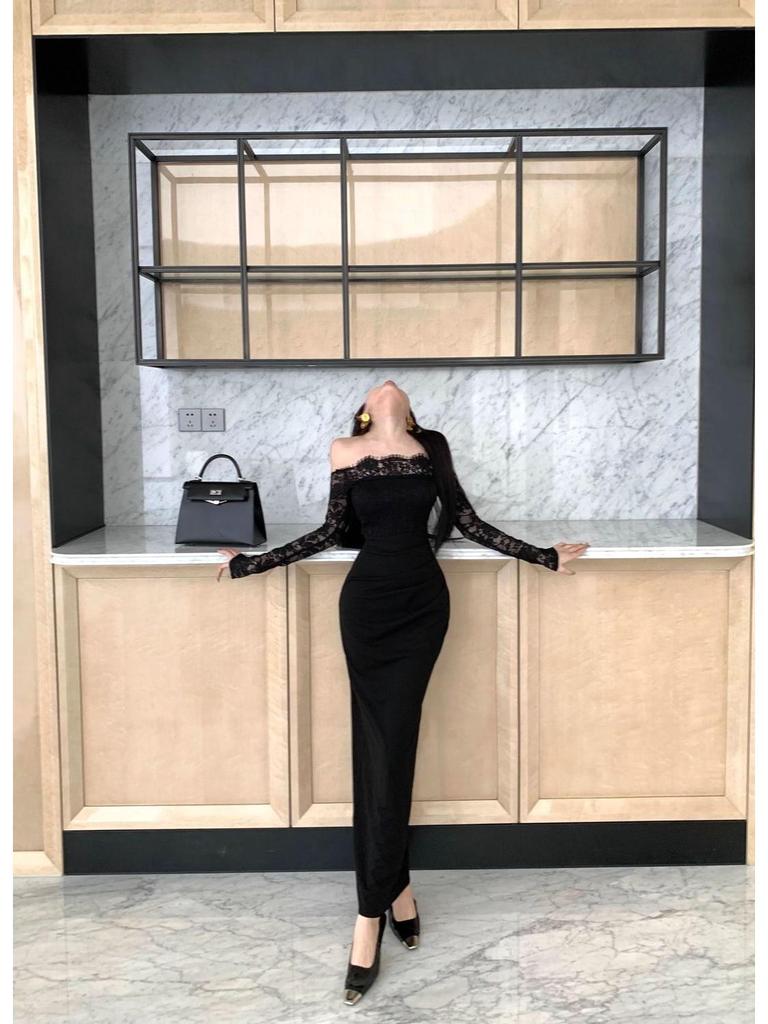 French Retro One-Shoulder Lace Long Sleeve Elegant Black Bodycon Dress