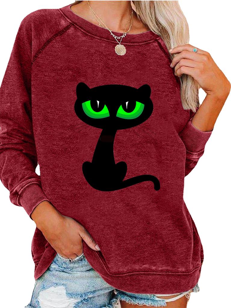 Ladies Spring/Fall Sweatshirt Women's Fashion Cat Print Top Oversized Pullover Sweatshirt