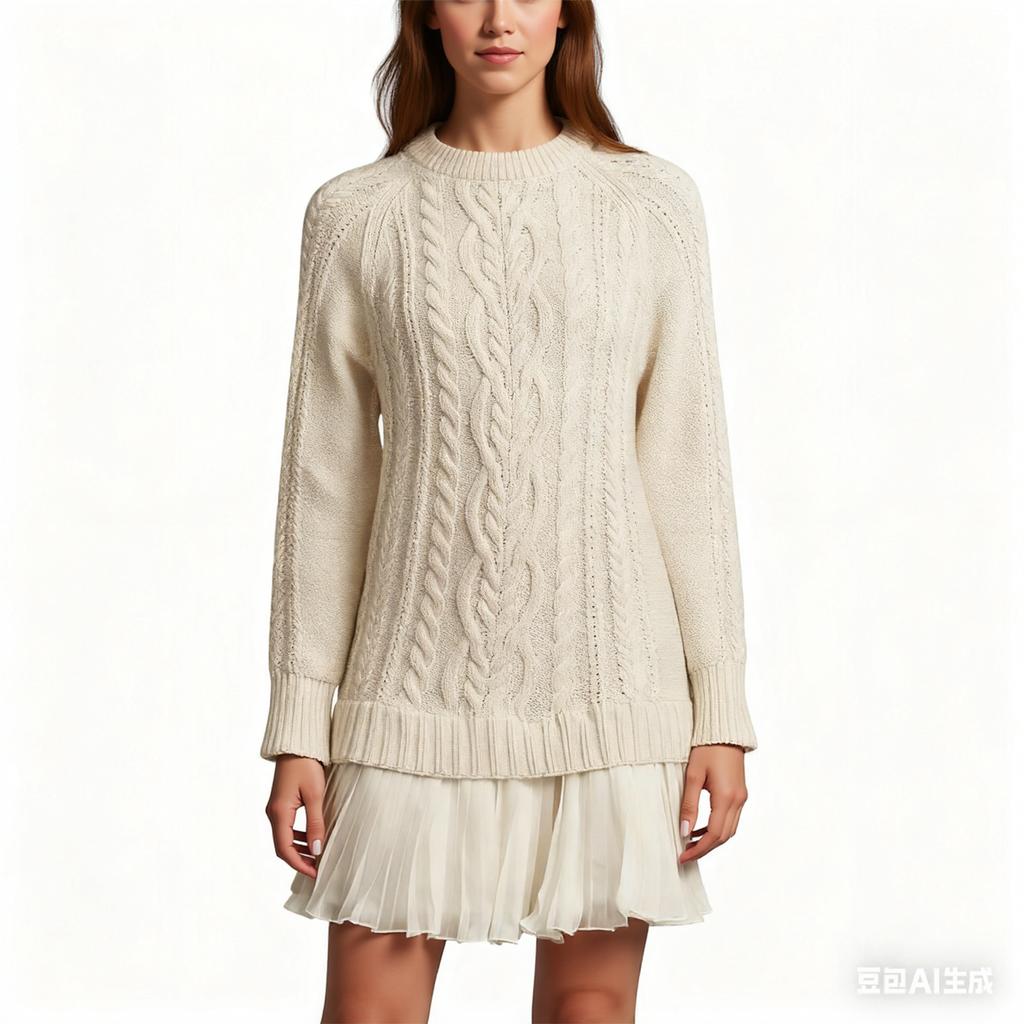 Women Cable Knit Sweater Dress Crewneck Long Sleeve Pleated Dress Twofer Patchwork Dress