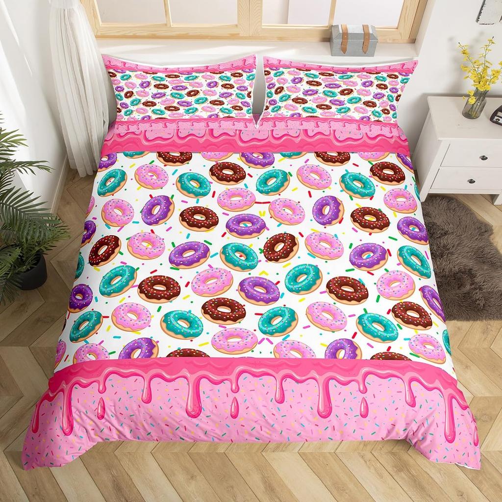 Kawaii Munk Påslakanset Färgglatt Sött Munk Sängklädesset Läckert Efterrätt Rosa Lila Täcke Flickrumsinredning