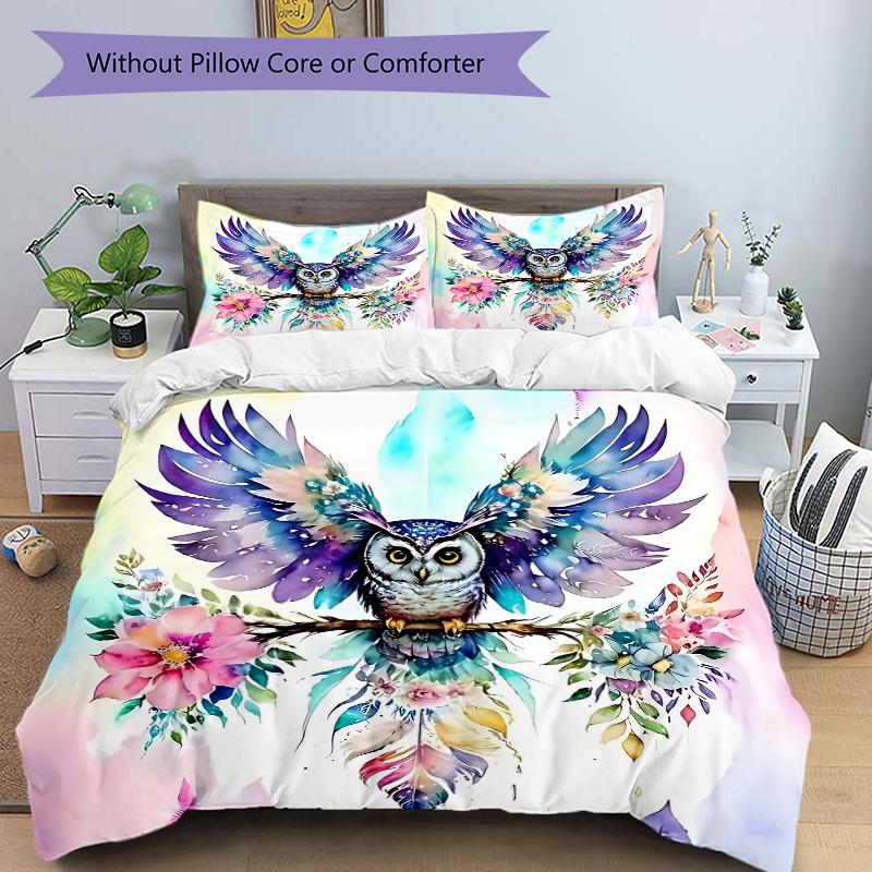 3pcs Colorful Owl with Flowers Watercolor Print, Includes One Quilt Cover and Two Pillowcases (No Core), Home Decor, Gift, Anime Cartoon