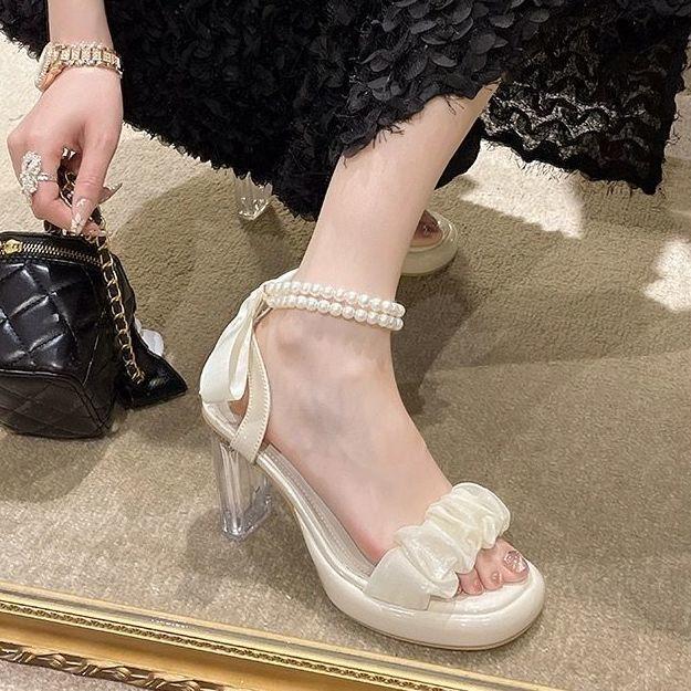 Transparent Heel High Heels Fashion Shoes Fairy Chain Summer Temperament Pearl Non-slip Versatile Women's Skirt Sandals