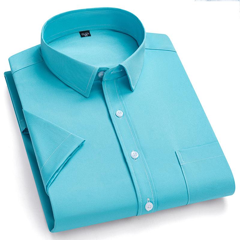 Camisa Masculina de Verão Não Amassa Anti-Rugas Casual de Negócios Cor Sólida Elástica Lisa Manga Curta Trabalho Social