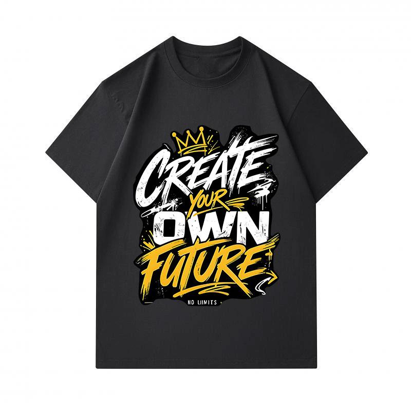 Men's 100% Cotton Crew Neck Short Sleeve T-Shirt, Create Your Own Future Graffiti Crown Print Casual Comfortable Summer Tee for Daily Wear