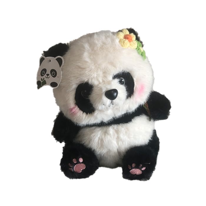 Fluffy Panda Plush Toy with Flower Decoration, 28x20cm, Kids' Toy, Birthday Gift, Christmas Decor, Ornament