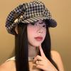 New Ins Plaid Button Octagonal Hat Women's Summer and Autumn Big Head Circumference Shows the Face Small Beret Versatile Painter Hat