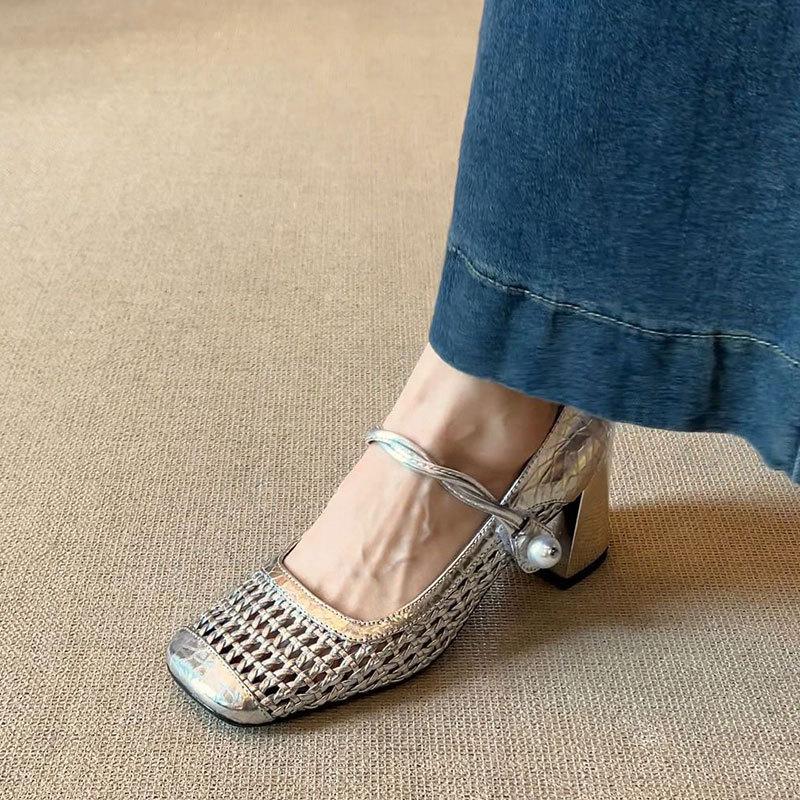Sheepskin woven hollow sandals women's hole shoes leather shoes thick heel with Mary Jane shoes summer high heels