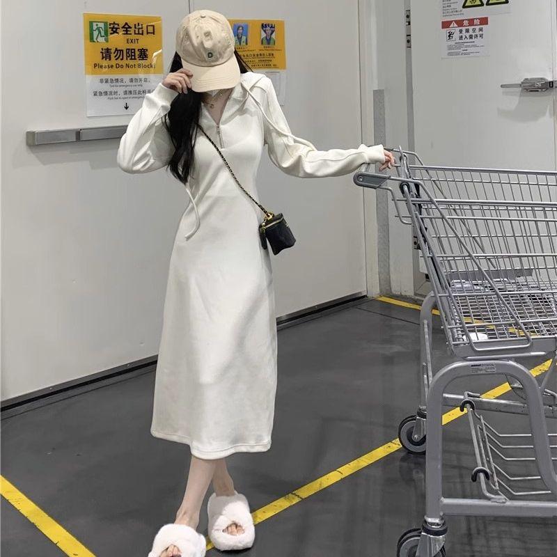 

Весна Осень Однотонное Свободное Повседневное Платье-Свитшот Женское Элегантное Пуловер на Молнии Vestidos Robe S белый