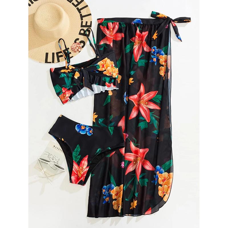 Three-Piece Bikini Set Women Swimsuit Floral Print Beach Wrap Skirt Female Swimwear Bathing Summer Fashion Beachwear