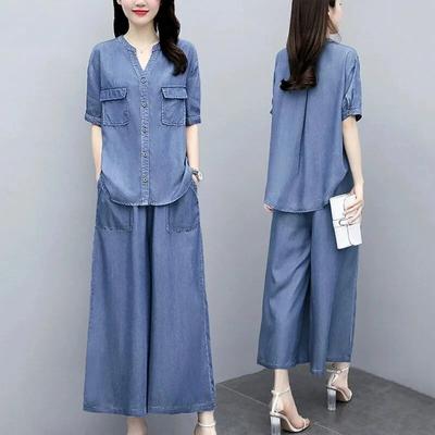 Costum de vară pentru damă, jachetă subțire din denim, costum cu pantaloni largi, cămașă cu decolteu în V, subțire, lejer, subțire, costum din denim din două piese