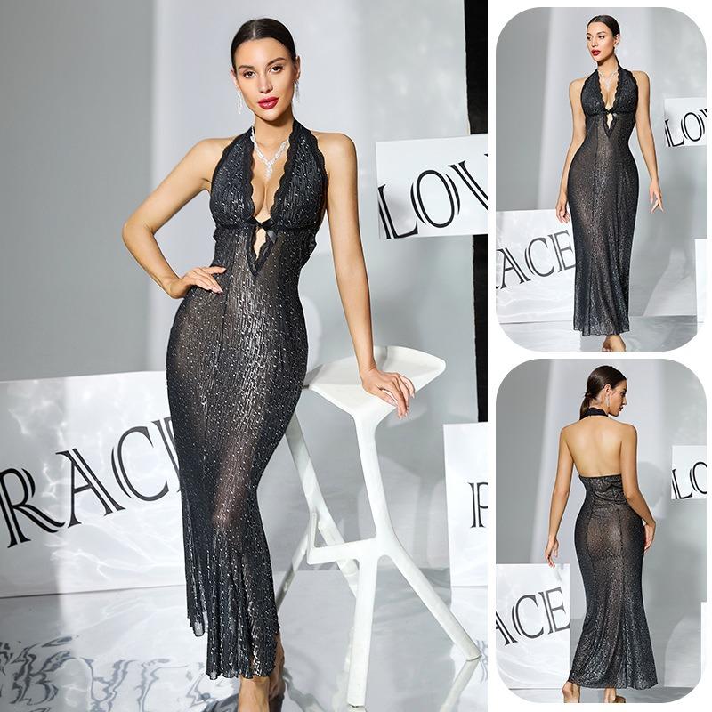 Black Flash Silk Perspective Dress Long Dress Neck Deep Back Slim Fish Tail Sexy Nightdress