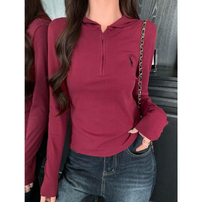 Women s Autumn Spicy Girl Embroidered Hooded Half-Zip Long Sleeve Cotton T-Shirt Extra Large красный