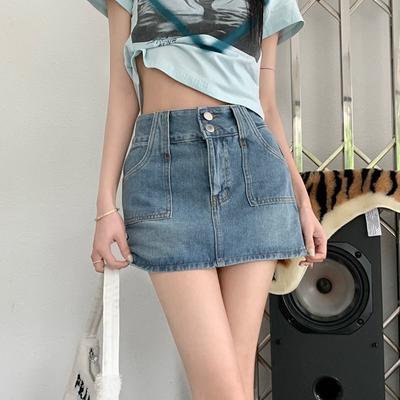 Classic Versatile Half-body Skirt Double Buckle Design High-waisted A-line Retro Package Hip Short Skirt Pants Ladies Summer Fashion Denim Short Skirt
