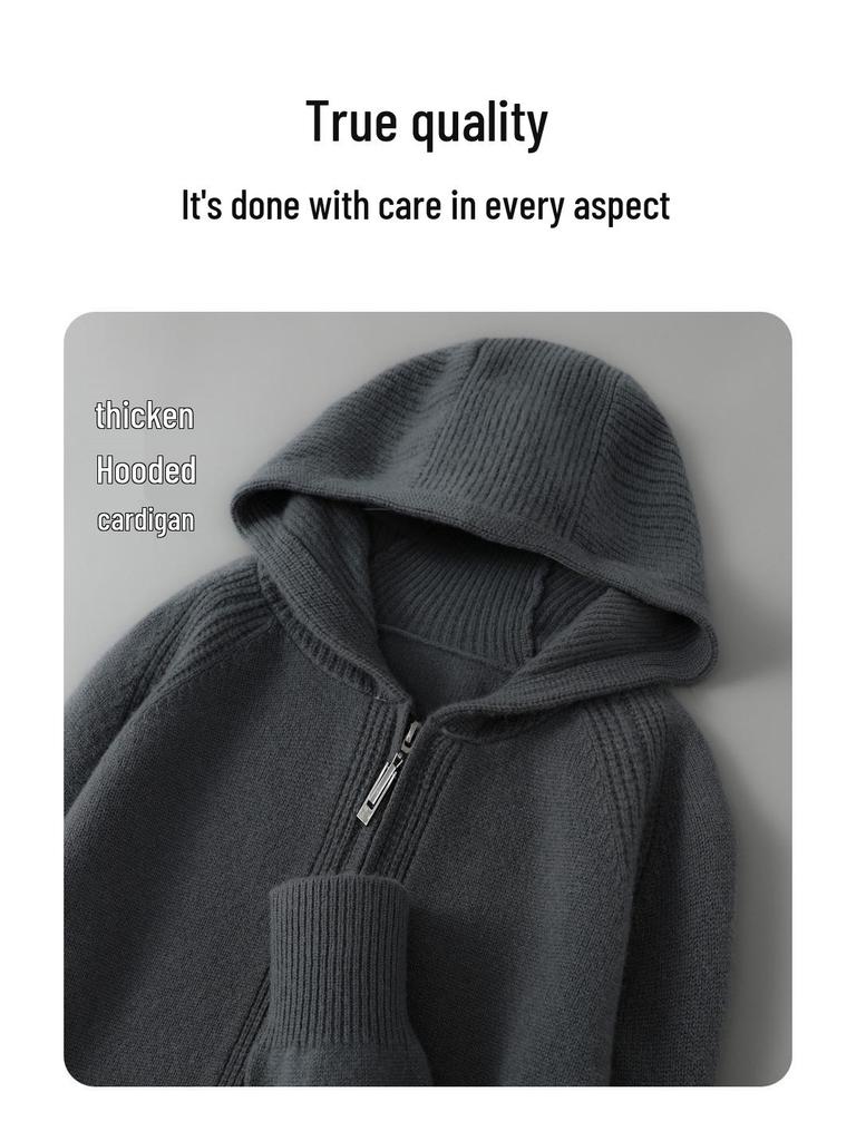 Men's 100% Australian Wool Hooded Cardigan - Heavyweight, Thick, Loose Casual Hoodie with Zipper
