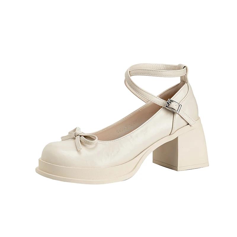

Fashion High Heel Square Heel Mary Janes Round Toe Buckle Strap Ladies Shoes 2025 Hot Sale Butterfly-knot Solid Spring New Pumps 35