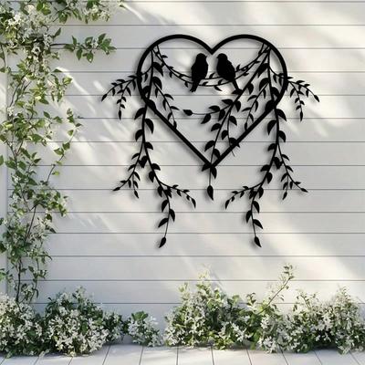 1pc Elegant Bird And Ivy Metal Wall Art - Black Heart Shaped Branch Decor, Suitable For Bedroom, Indoor Outdoor Courtyard