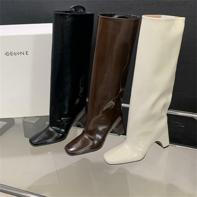 Niche Square Head Coarse Heel Fiber Leather Tall Pants Boots Fried Street Spice Girls Height Up White But Knee Boots Knight Boots