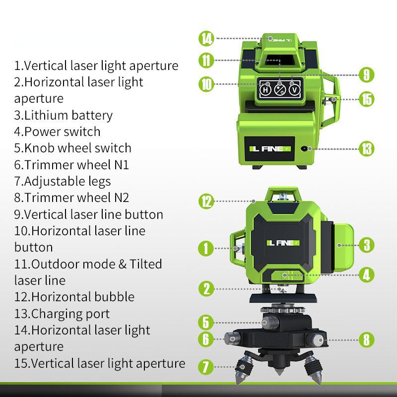 Nivelador Láser Verde Nuevo de 12/16 Líneas Proyector Láser Autonivelante Portátil Herramienta de Medición de Líneas Cruzadas Horizontales y Verticales de 360°