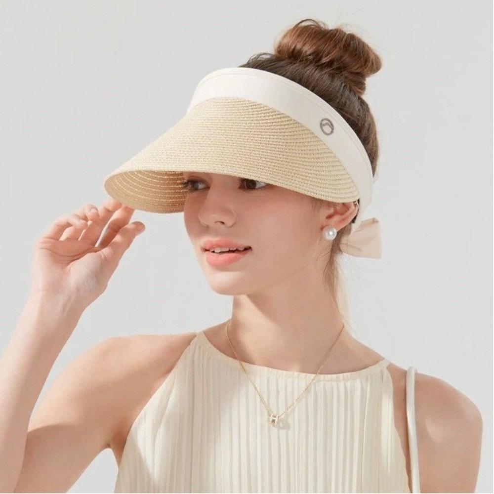 Ribbon Strap Straw Beach Hat Breathable Visor Hat Fashion Empty Top Hat  Summer