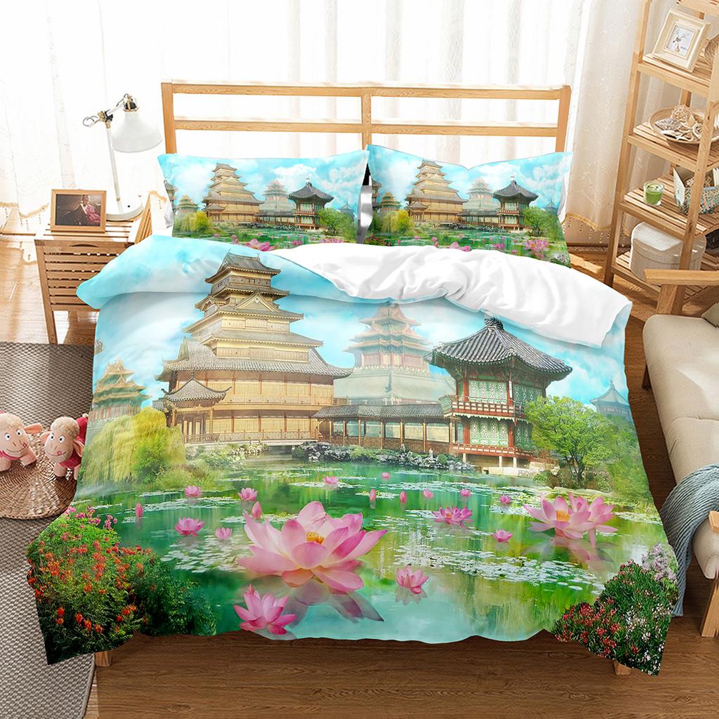 Lotus Flower Duvet Cover Set Lotus Leaf Pattern Polyester Quilt Cover King Full Size For Kids Teens Bedding Set With Pillowcase
