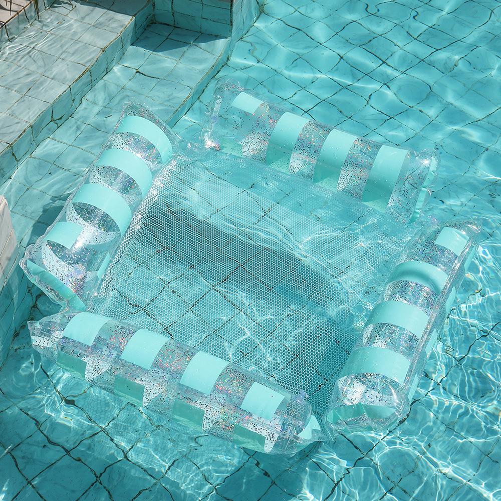Inflatable Pool Float Lounge Chairs with Glitter Glitter Mesh Water Lounge Hammock Air Mattress Party Floating Bed
