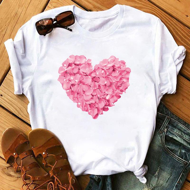 Fashion Kawaii Rose Flower Heart Graphic Women's T-Shirt Summer Loose Blouse 90S Short Sleeve O-Neck Tees Ladies White Y2K Tops