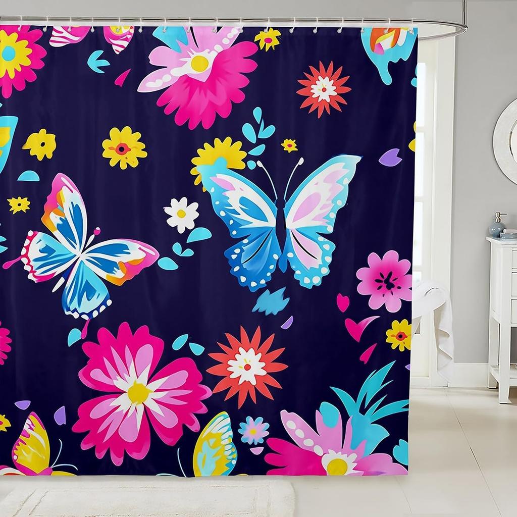 Cartoon Sheep Bath Curtain Cute Farm Animal Shower for Kids Boys Girls,Pink White Flower Floral Bathroom Curtain Botanical