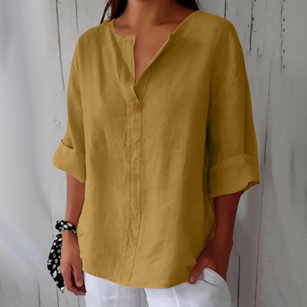 Women's Fashionable Loose-Fit V-Neck T-Shirt Cotton-Linen Blend Casual Top