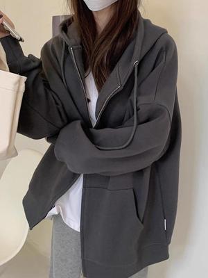 Damen Graue Kapuzenstrickjacke Sweatshirt - Herbst 2025 Koreanischer Stil