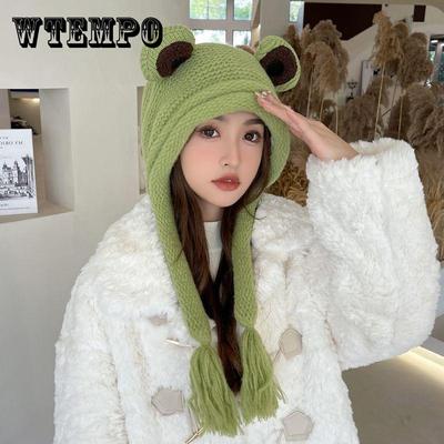 Žabí čepice, Dámská pletená čepice Zimní teplo Střapec Zimní ochrana uší Špička Zelená vlněná čepice