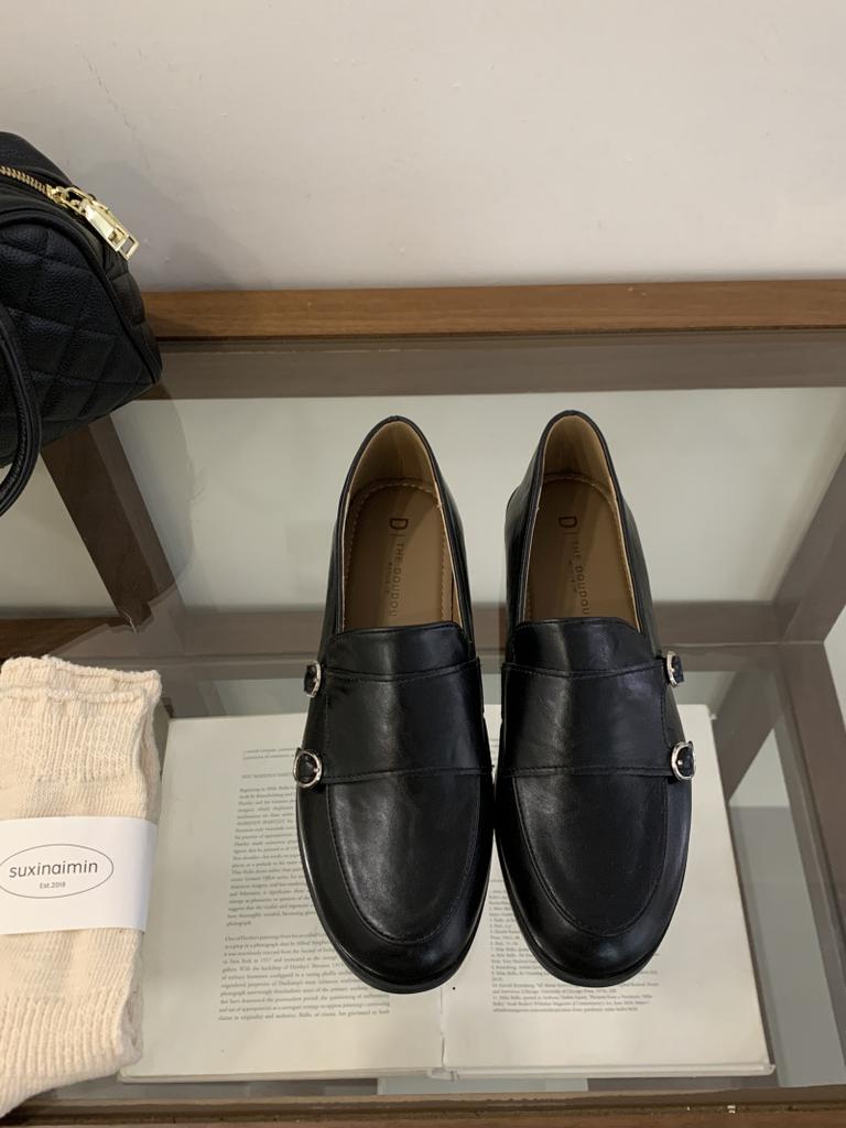 2025 new retro double buckle with loafers women's British style round head small leather shoes one pedal low heel commuter shoes