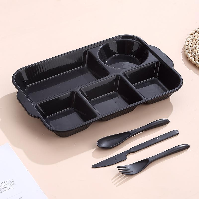 Portable 5 Grids Meal Box Food Grade PP Rectangular Divided Lunchbox Separating Plates with Knife Fork Spoon Dinnerware Set