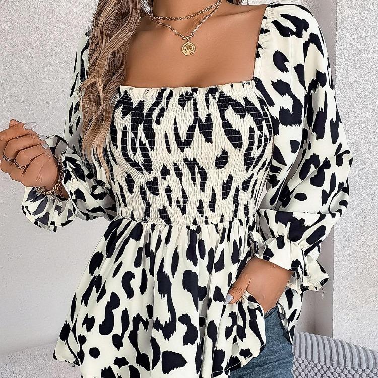 Women Long Sleeve Leopard Print Chiffon Blouse Streetwear Top Square Neck Tee Ladies T Shirt
