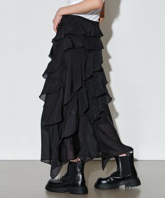 Hellenepaliseu Drape Chiffon Long Skirt [Black]