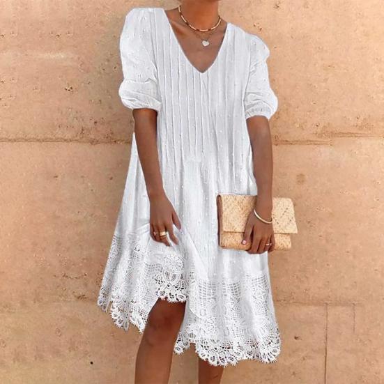 

Женское короткое платье с V-образным вырезом и цветочным кружевом подол с короткими рукавами Чистое белое дышащее платье от M до 3XL Свободного кроя Летнее женское повседневное платье Повседневная одежда