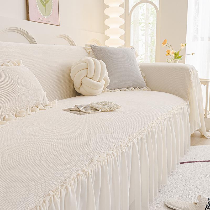 Cream Style Sofa Throw, Full Coverage All-Season Lace Skirt Sofa Cover, Universal Full Package Blanket