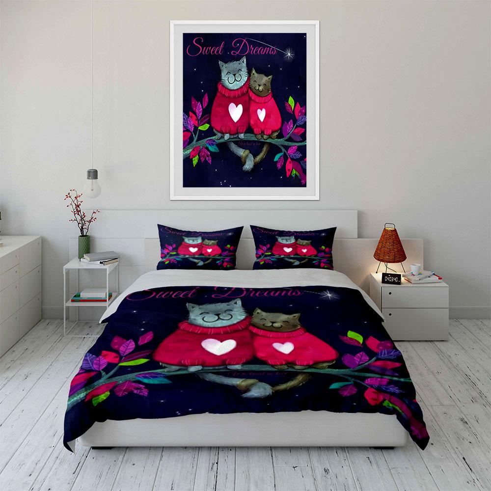 Romantic Cats Night Decor Soft Comfortable Duvet Cover Bedding Set Included 1*Duvet Cover & 2*Pillowcases, Gift