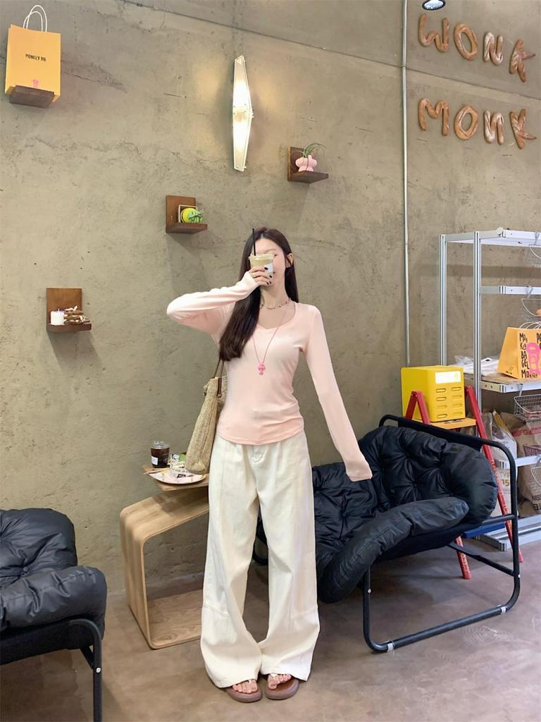 Autumn Korean Grey V-Neck Slim-Fit Cotton Long-Sleeve Women's T-Shirt