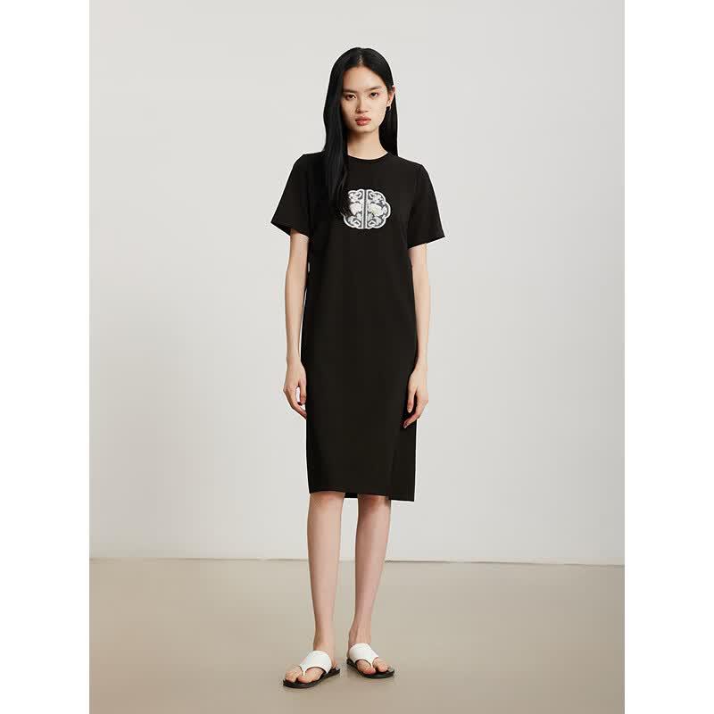 Gejin Fashion Print Round Neck Slit Midi Dress M