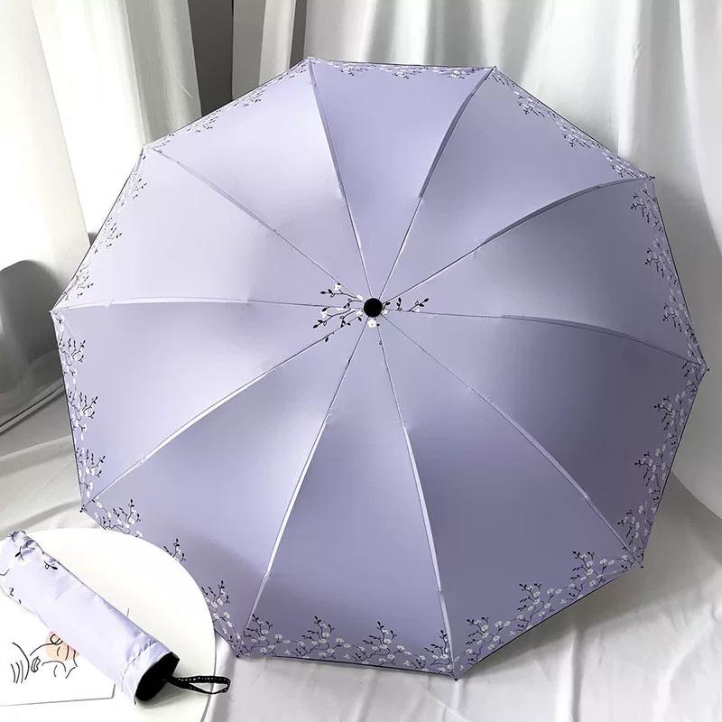 Ten-Bone Large Double Umbrella Small Fresh Sun Umbrella Vinyl Sun Protective Sun Shade Rain Dual-Use Triple Folding Umbrella Female Manual