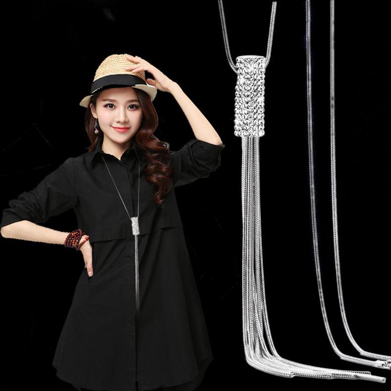 JMXD European Long Tassel Necklace Women Czech Crystal Geometric Pendant Snake Chain Korean Versatile Sweater Chain Gift