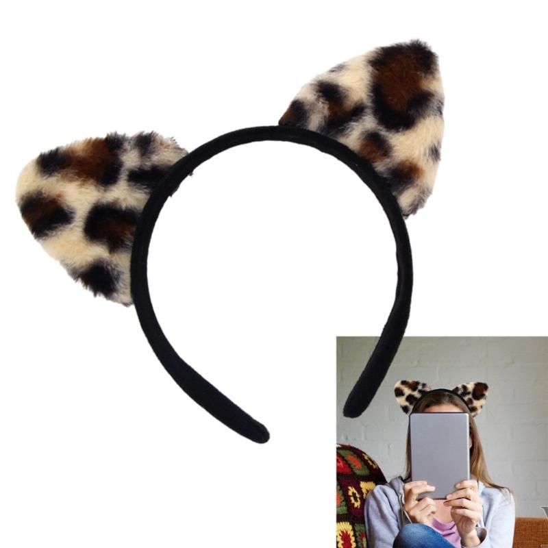 Leopard Pattern Cats Ear Hairhoop for Women Girl Cosplay Costume Hairband Halloween Theme Party Dressingup Headpiece