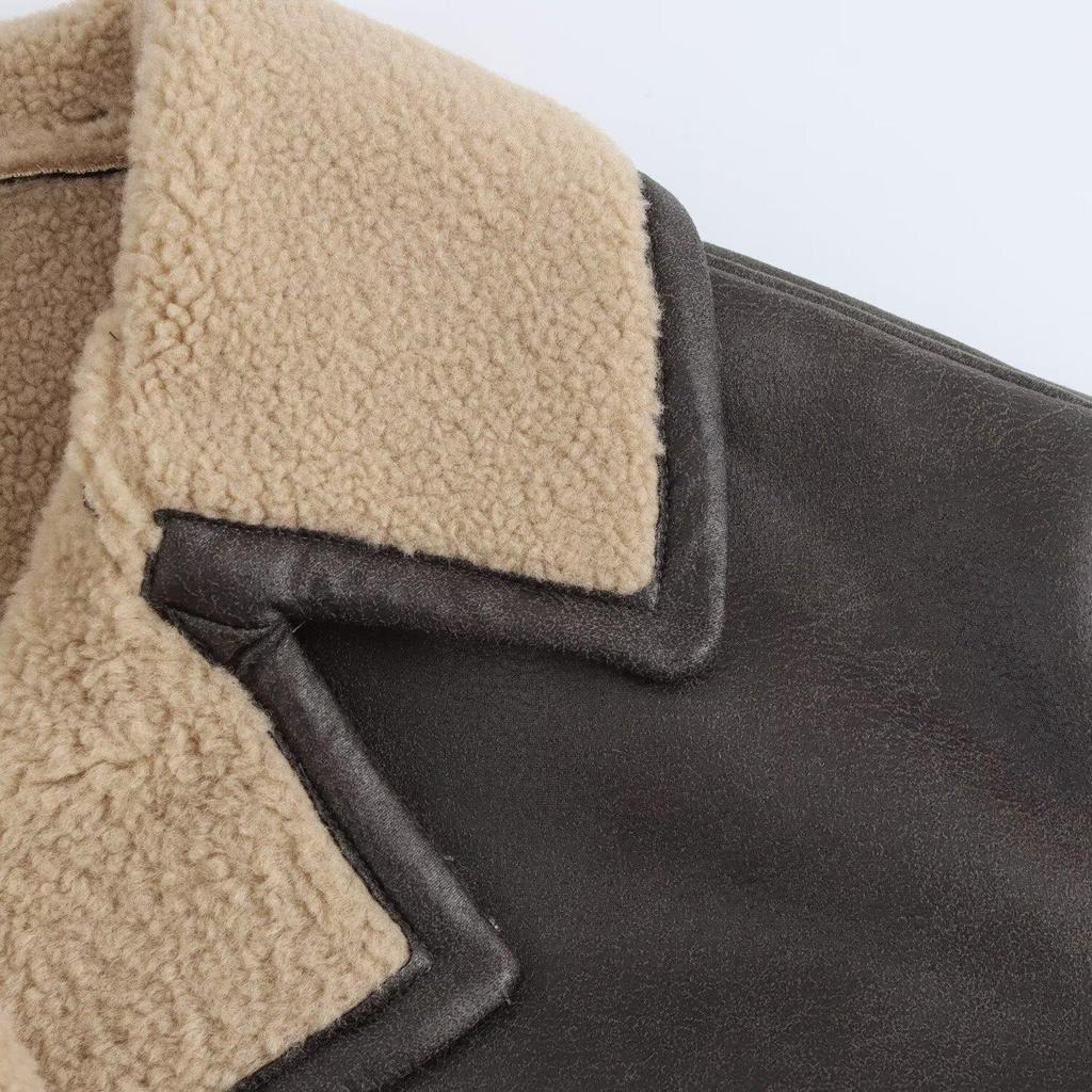 Autumn 2024 Women's Loose Mid-Length Lapel Shearling Double-Faced Coat Jacket
