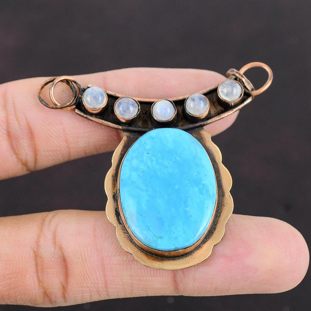 Arizona Turquoise Pendant Copper Jewelry Rainbow Moonstone Pendant Handmade Pendant Beautiful Copper Pendant Gemstone Pendants Gift For Him