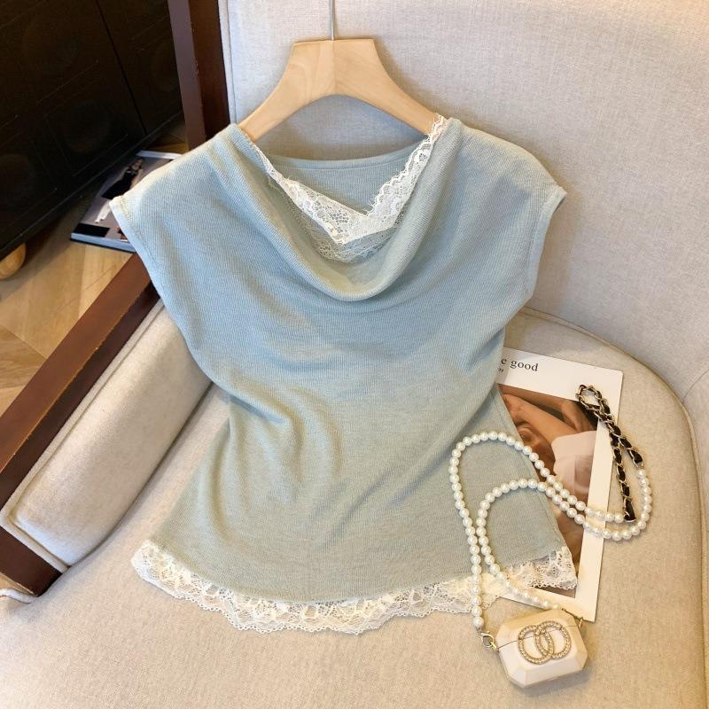 

Реальное фото летний новый высококлассный нежный темпераментный с кружевной вставкой с вырезом-качели трикотажный свитер с коротким рукавом топ женский тренд XL серый