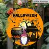 2D Flat Aluminum Decorative Plaques and Ornaments Sign, Halloween Hanging Plaque with Witch Gnome, Haunted House, Cauldron, Pumpkin and Bat Design