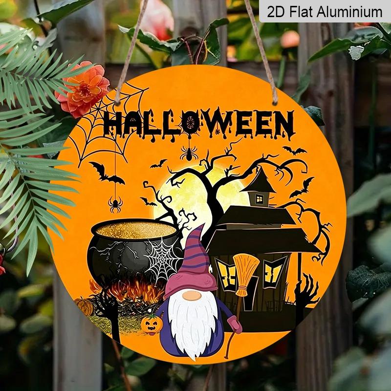 2D Flat Aluminum Decorative Plaques and Ornaments Sign, Halloween Hanging Plaque with Witch Gnome, Haunted House, Cauldron, Pumpkin and Bat Design