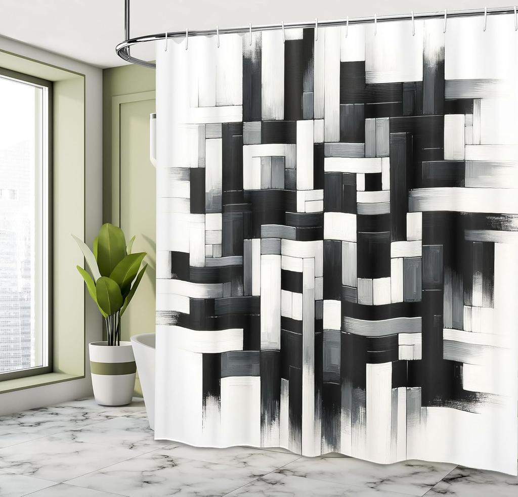 Black And White Shower Curtain, Sketchy Look Brushstrokes Maze Squares And Rectangles Monochrome, Cloth Fabric Bathroo