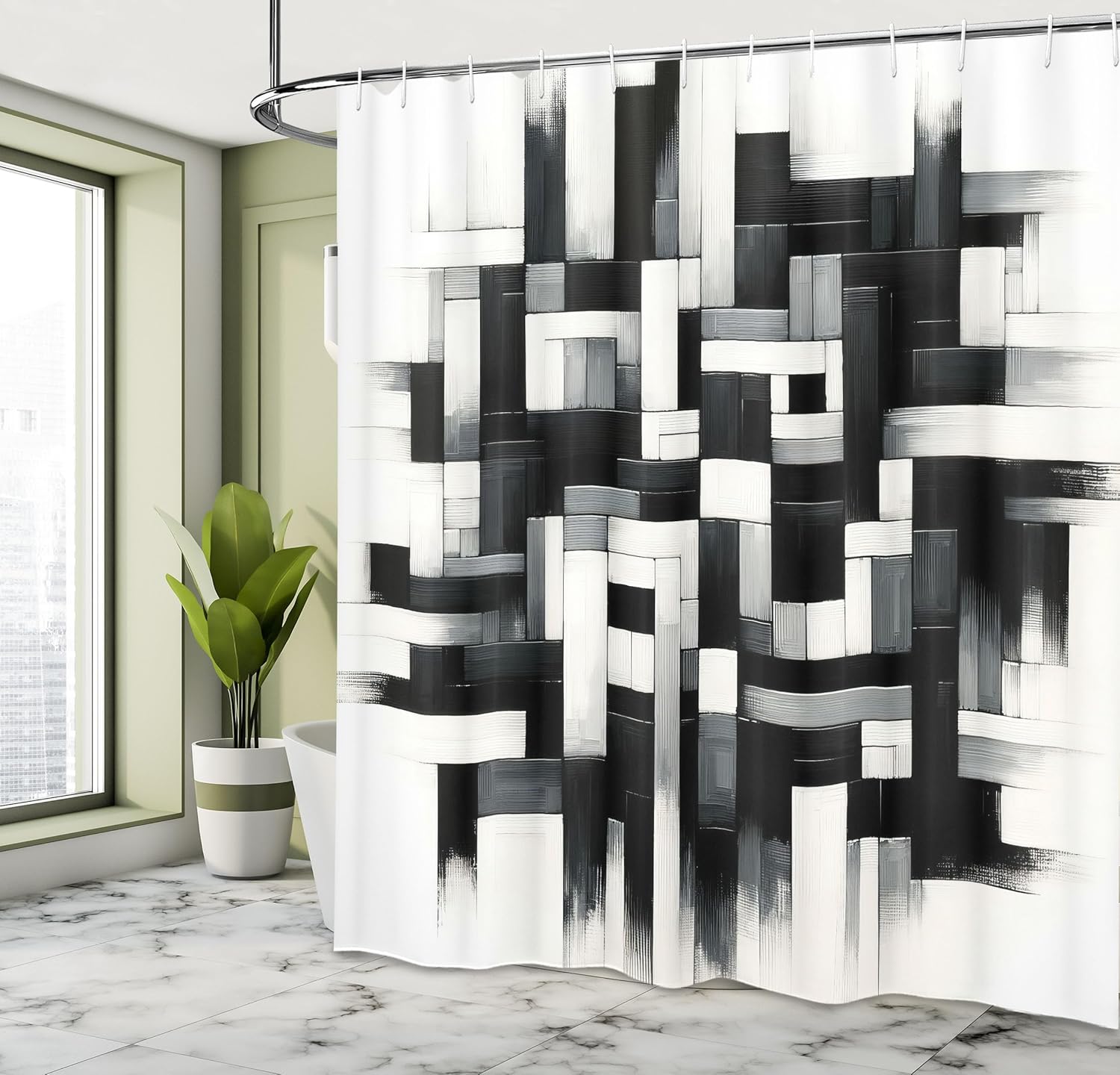 Black and White Shower Curtain, Sketchy Look Brushstrokes Maze Squares and Rectangles Monochrome, Cloth Fabric Bathroo 90x180cm