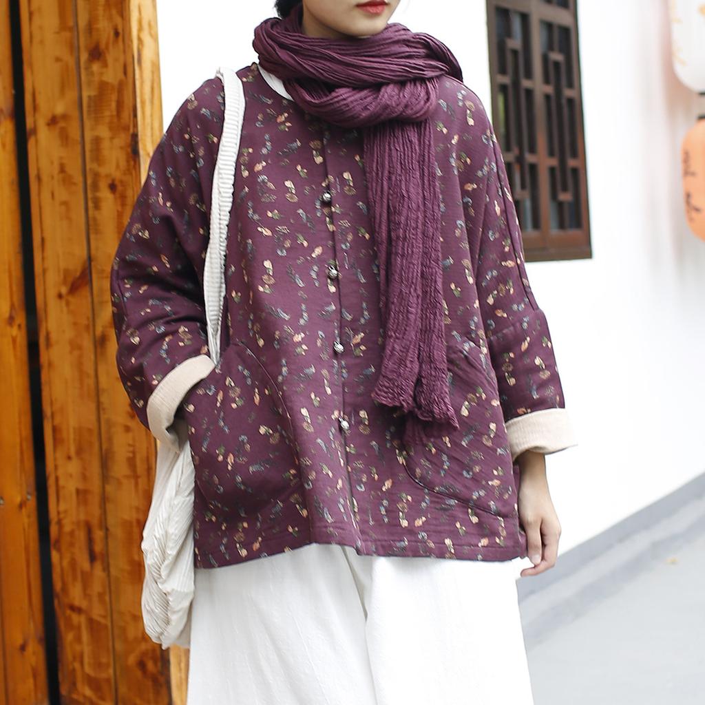 Johnature Women Vintage Print Floral Jackets O-Neck Long Sleeve Coats Spring Button Bat Sleeve Chinese Style Jackets